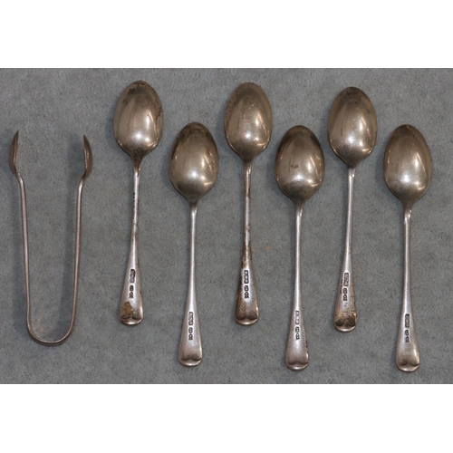 265 - A set of 6 Sheffield silver spoons with a pair of matching sugar tongs engraved with leaf decoration... 