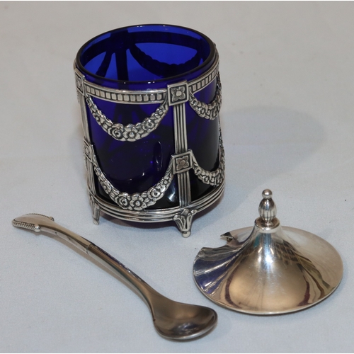 271 - A Swedish silver mustard pot with cover and blue glass liner with swag decoration, stamped MEMA L 09... 