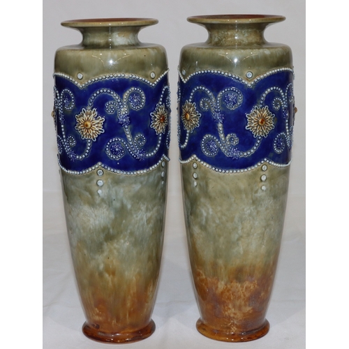 3 - A pair of Royal Doulton round bulbous thin necked trumpet shaped vases on green and blue ground with... 