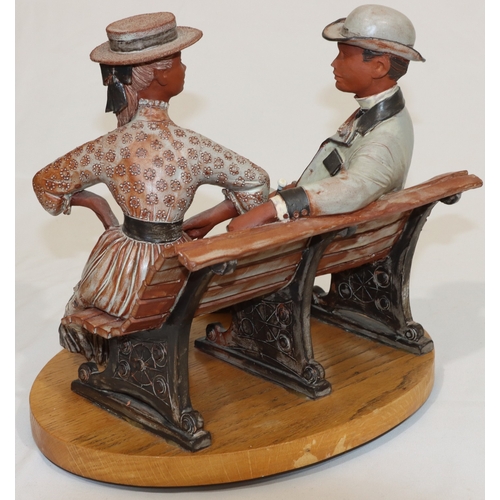 30 - Bill Dowsett, painted earthenware group of lady and gentleman seated on park bench, mounted on oval ... 