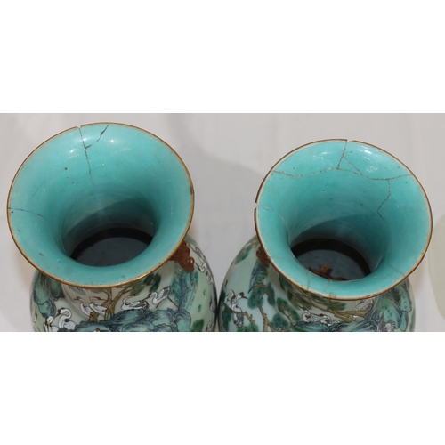 32 - A pair of 19th/20th Century Chinese round bulbous thin necked trumpet shaped 2-handled vases with mu... 