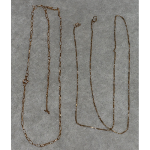 A 9ct gold small square linked chain, 62cm long and a 9ct gold chain ...