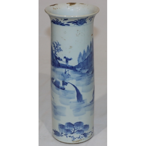 51 - A 19th Century Chinese cylindrical trumpet shaped vase on blue and white ground with figure and rive... 