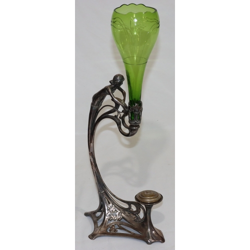 689 - An Art Nouveau green glass round bulbous shaped vase, on stand in the form of a lady entwined with r... 