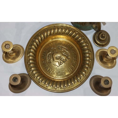 705 - A brass circular dish with embossed figure and lion motif, 31cm diameter, a brass coffee pot, 4 bras... 