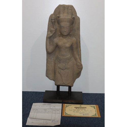 723 - A Sandstone Apsara Dancing sculpture, Cambodian Bayon style, 13th Century, with certificate and orig... 