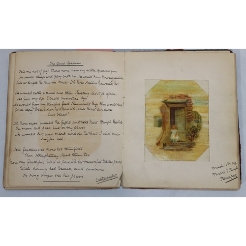 729 - E Hakke, 19th Century book containing watercolours by Lily Delias, pencil sketches, prints and verse... 