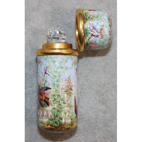 738 - S Morden & Co. enamelled cylindrical scent bottle with multi-coloured bird's nest inset floral and g... 