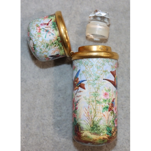 738 - S Morden & Co. enamelled cylindrical scent bottle with multi-coloured bird's nest inset floral and g... 