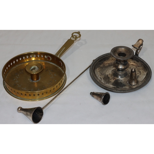 743 - A brass chamber candlestick with pierced gallery, a silver plated chamber candlestick with snuffer a... 