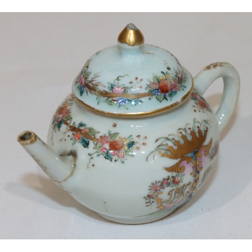 81 - A 19th Century Oriental miniature round bulbous shaped teapot with cover on white ground with animal... 