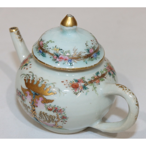 81 - A 19th Century Oriental miniature round bulbous shaped teapot with cover on white ground with animal... 