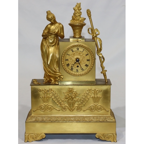 897 - Vulliamy, London, Ormolu mantel clock with raised standing female figure and allover raised floral, ...