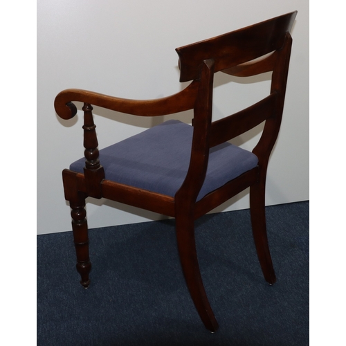 929 - A 19th Century mahogany carving chair with bar back, blue drop-in seat, on round turned legs