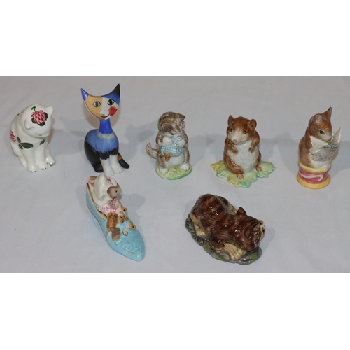 96 - A Goebel Art Deco figure of a seated cat, 10cm high, 4 Beatrix Potter figures, a Plichta figure of a... 