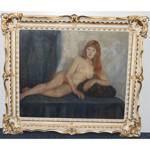 132 - L Rochfort, oil on canvas, 50cm x 60cm, portrait of a reclining female nude, signed, in white and gi... 