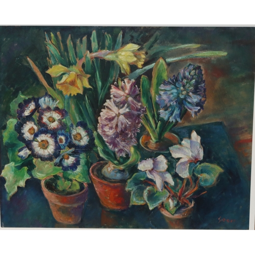 134 - Raoh Schorr (1901-1991) oil on board, 50cm x 60cm, still life depicting plotted plants, indistinctly... 