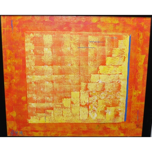 154 - 2 abstract oils on board, 68cm x 69cm, square and parquetry on orange and blue ground, indistinctly ... 