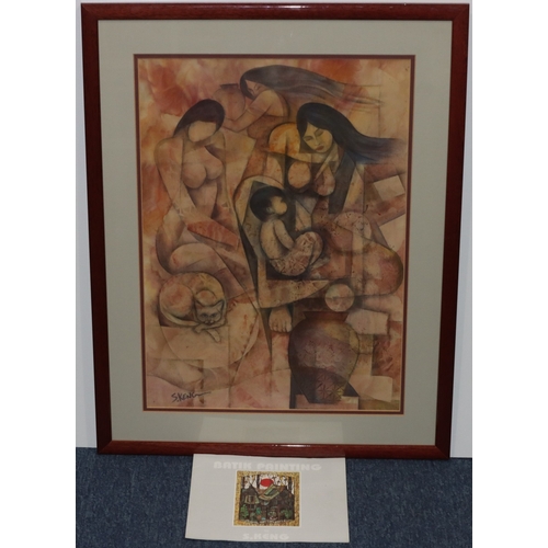 162 - Chuah Seow Keng (Malaysian B.1945), batik, 53cm x 38cm, depicting 3 women and child with cat, signed... 