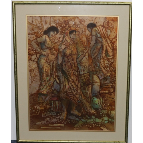 163 - Chuah Seow Keng (Malaysian B.1945), batik, 58cm x 43.5cm, depicting 3 standing women, in gilt frame