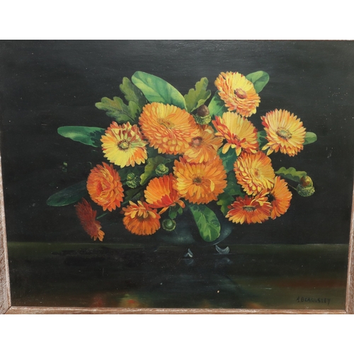 165 - A. Beardsley, oil on board,  39.5cm x 50cm, still life vase of Marigolds, signed, in oak frame,