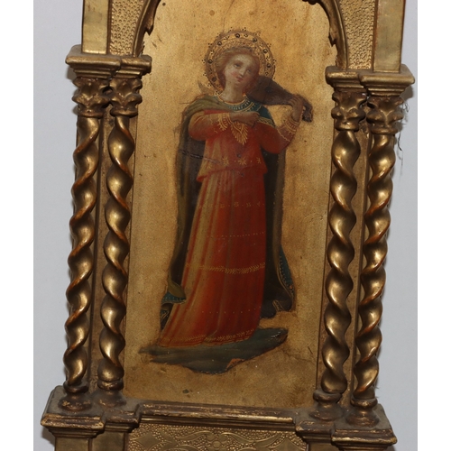 170 - A 19th Century Continental religious oil on panel, 48cm x 19cm overall, depicting angel playing a mu... 