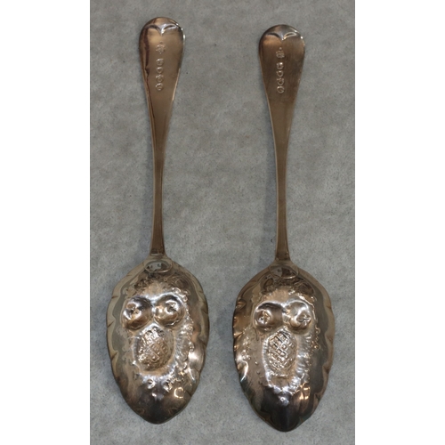 189 - A pair of Victorian tablespoons with later embossed gilt bowls with fruit decoration and engraved ha... 