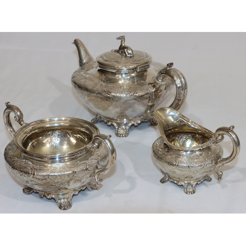 204 - A William IV silver round bulbous shaped 3-piece tea service with allover engraved decoration, dog s... 