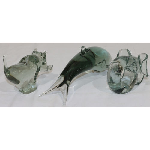 23 - An Ngwenya of Swaziland, clear glass figure of a dolphin, 24.5cm long and 2 further similar glass fi... 