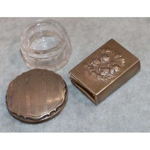 230 - A Birmingham silver matchbox case holder with embossed cupid decoration and a small cut glass dressi... 