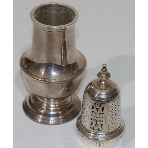 255 - A London silver round bulbous shaped sugar castor, maker's mark CJV, 19cm high, 9oz