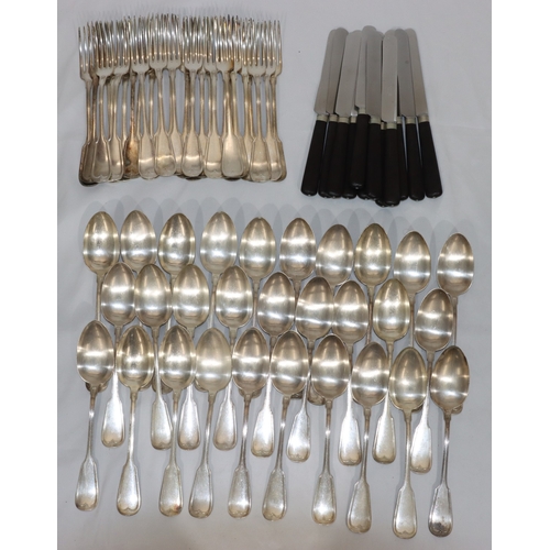 258 - A large Continental flatware service comprising of 30 forks, 29 spoons, 12 ebonised handled knives (... 