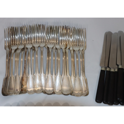 258 - A large Continental flatware service comprising of 30 forks, 29 spoons, 12 ebonised handled knives (... 