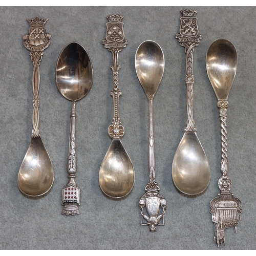 259 - 6 various Continental silver coloured metal souvenir teaspoons, 2.4oz gross