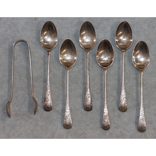 265 - A set of 6 Sheffield silver spoons with a pair of matching sugar tongs engraved with leaf decoration... 