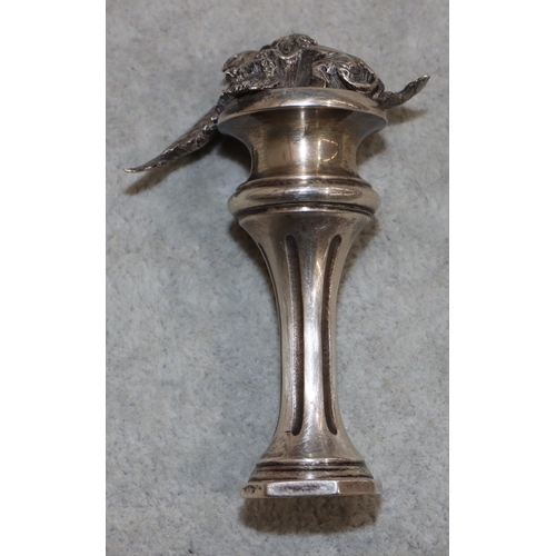 273 - A heavy Continental silver coloured metal desk seal with cast bird and lion motif to top, fluted ste... 