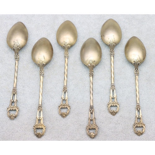 280 - A set of 6 Continental 800 silver gilt coloured metal teaspoons with pierced handles, 1.3oz