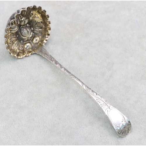 282 - A George IV Scottish silver sifter ladle with embossed fruit and leaf decoration and crinkled rim, E... 