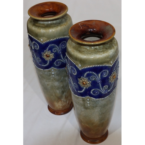 3 - A pair of Royal Doulton round bulbous thin necked trumpet shaped vases on green and blue ground with... 