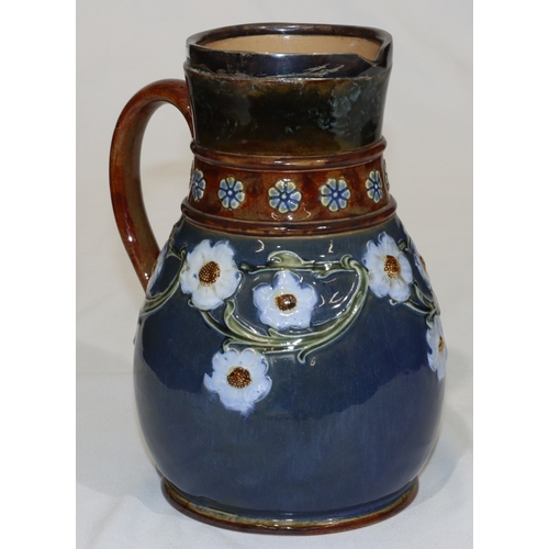 4 - A Doulton & Lambeth round bulbous jug with London silver rim on blue and brown ground with raised co... 