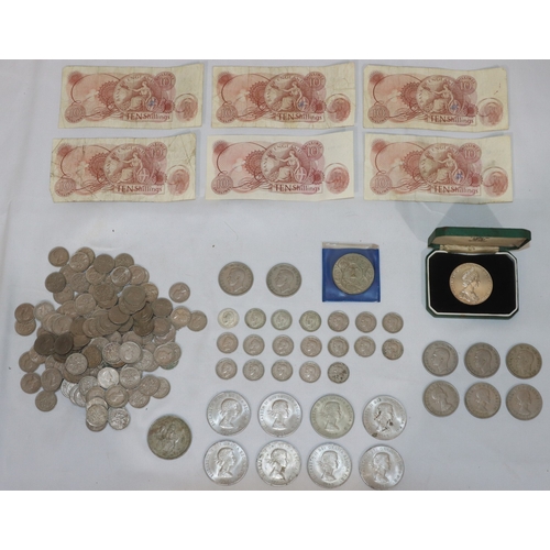 437 - A silver National Trust coin, cased, 6 10 Shilling notes and a quantity of various odd coins