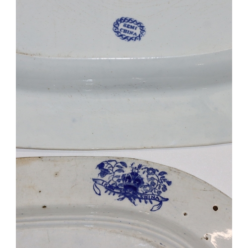 5 - A 19th Century blue and white Willow Pattern rectangular shaped meat plate, 43.5cm wide and a 19th C... 