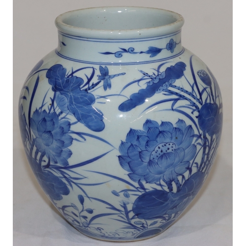 52 - An Oriental round bulbous thin necked vase on blue and white ground with bird, insect, floral and le... 