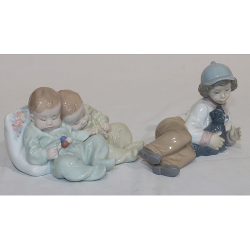 64 - A Lladro group of 2 sleeping babies, 14.5cm wide and a Nao figure of a young boy resting holding a d... 