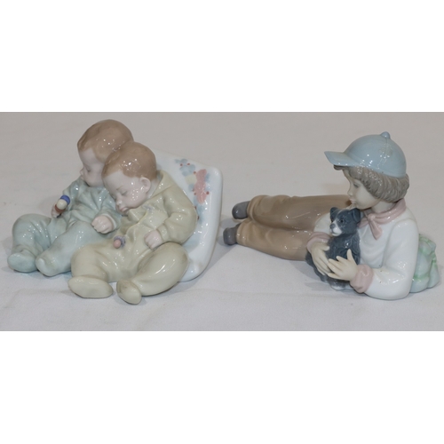 64 - A Lladro group of 2 sleeping babies, 14.5cm wide and a Nao figure of a young boy resting holding a d... 