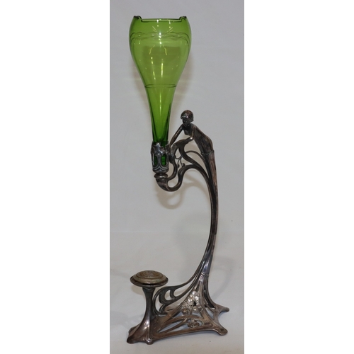 689 - An Art Nouveau green glass round bulbous shaped vase, on stand in the form of a lady entwined with r... 