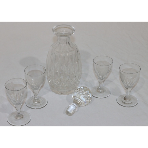 72 - A set of 4 Georgian glasses with monogrammed crests and chamfer decoration, 11cm high and a cut glas... 