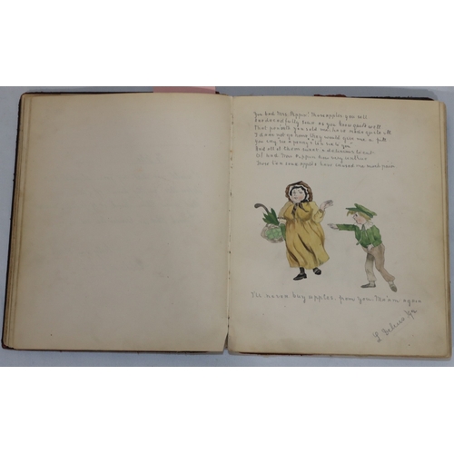 729 - E Hakke, 19th Century book containing watercolours by Lily Delias, pencil sketches, prints and verse... 