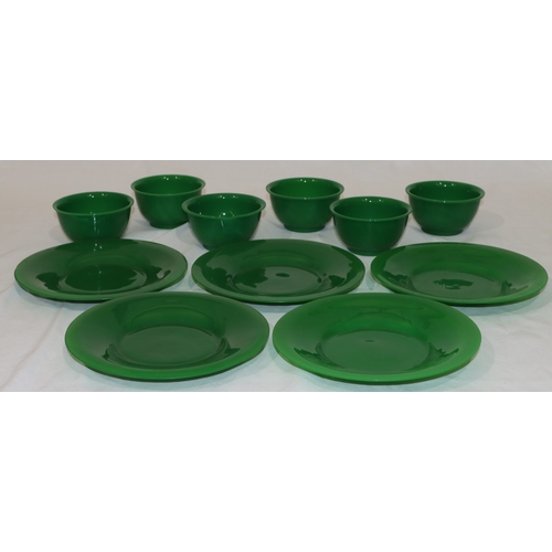 73 - A set of 6 Peking green glass bowls (1 rim badly chipped), 11.5cm diameter and 5 matching plates (1 ... 