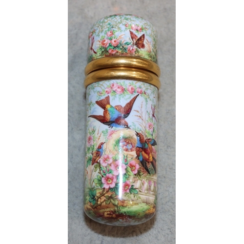 738 - S Morden & Co. enamelled cylindrical scent bottle with multi-coloured bird's nest inset floral and g... 